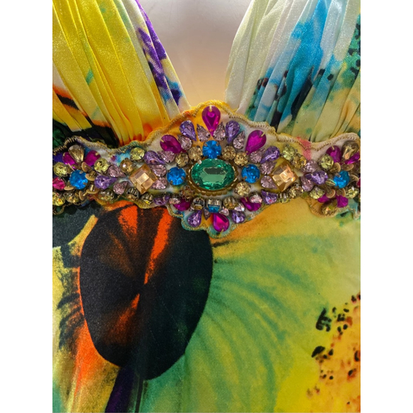 Vibrant multicolor Beaded floral gown V-neck empire waist, size XS - Picture 4 of 12